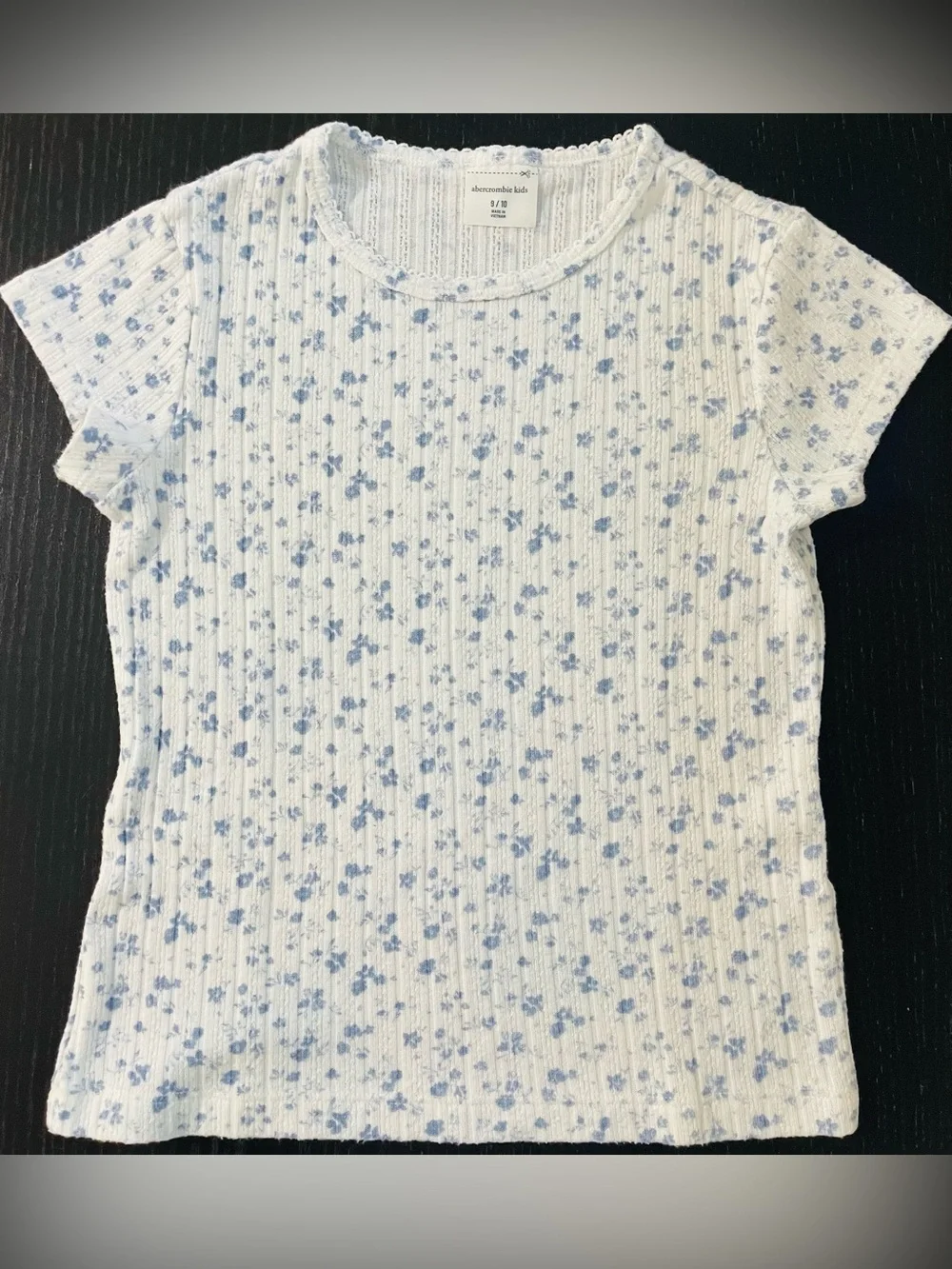 abercrombie kids White Tee with Light Blue Floral Ribbing